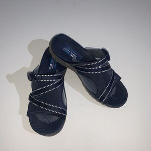 Skechers Sandals Womens 9 Blue Reggae Slide Strappy Buckle Wedge Outdoor